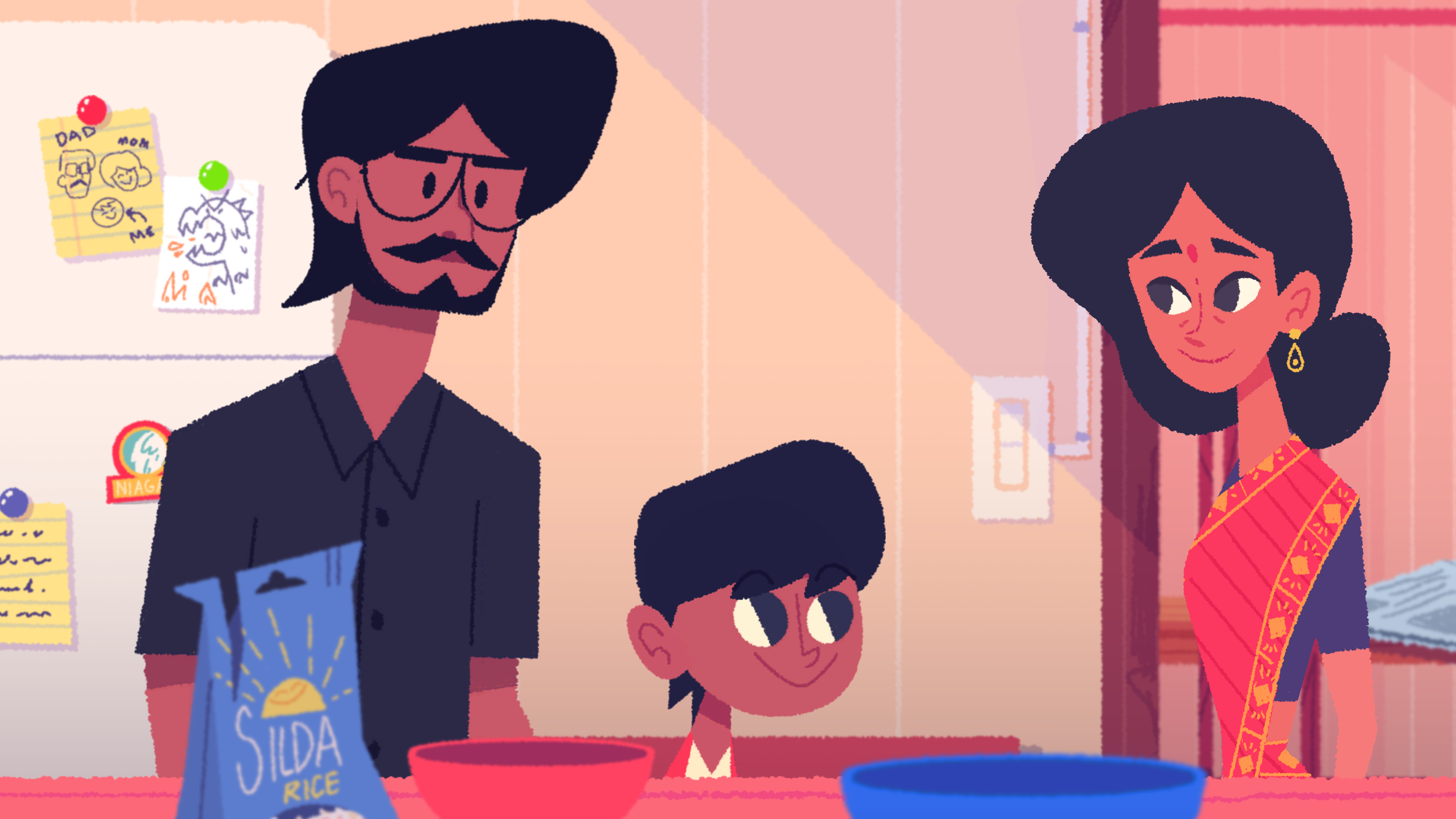 A screenshot from Venba. The three main characters are standing in the kitchen.