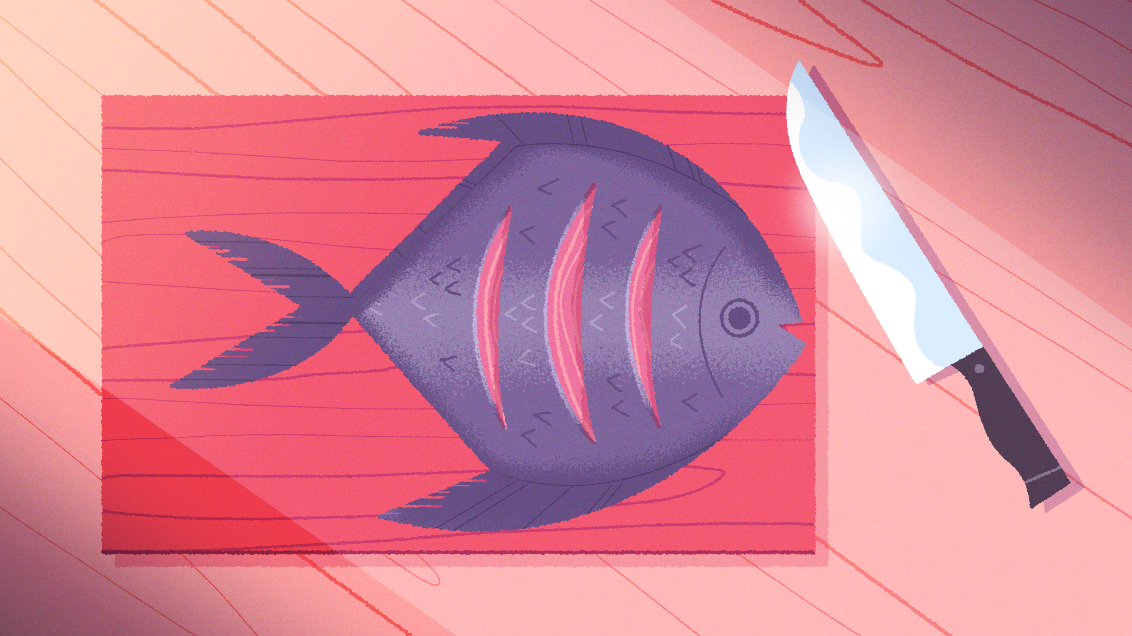 A screenshot from Venba. A fish sits on a cutting board with three slices in it.
