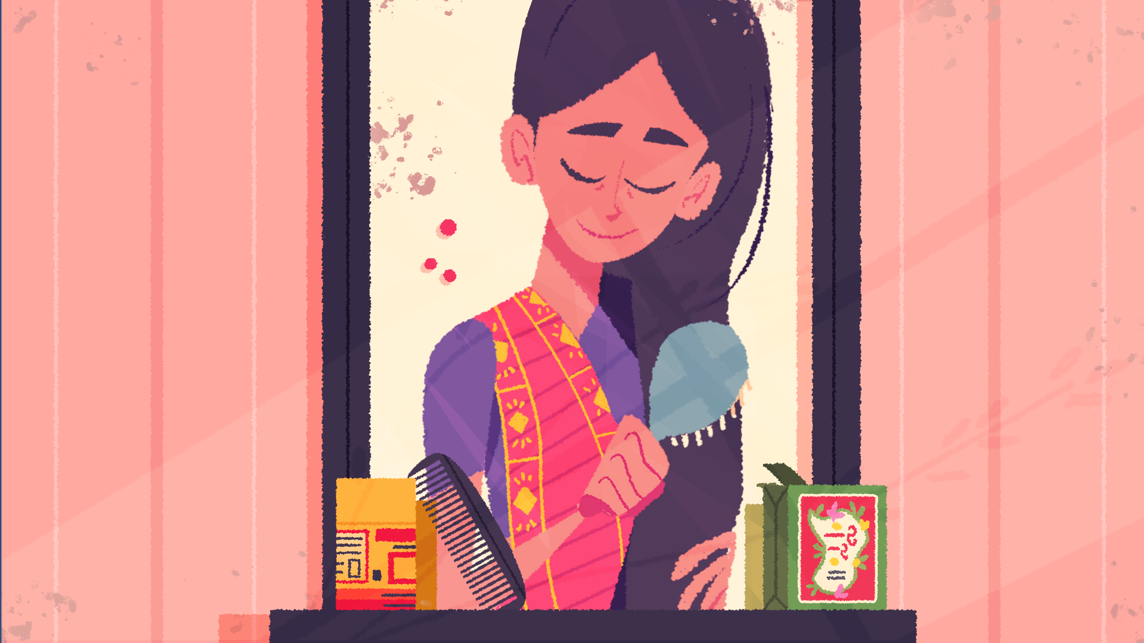 A screenshot from Venba. The main character Venba is brushing her hair.