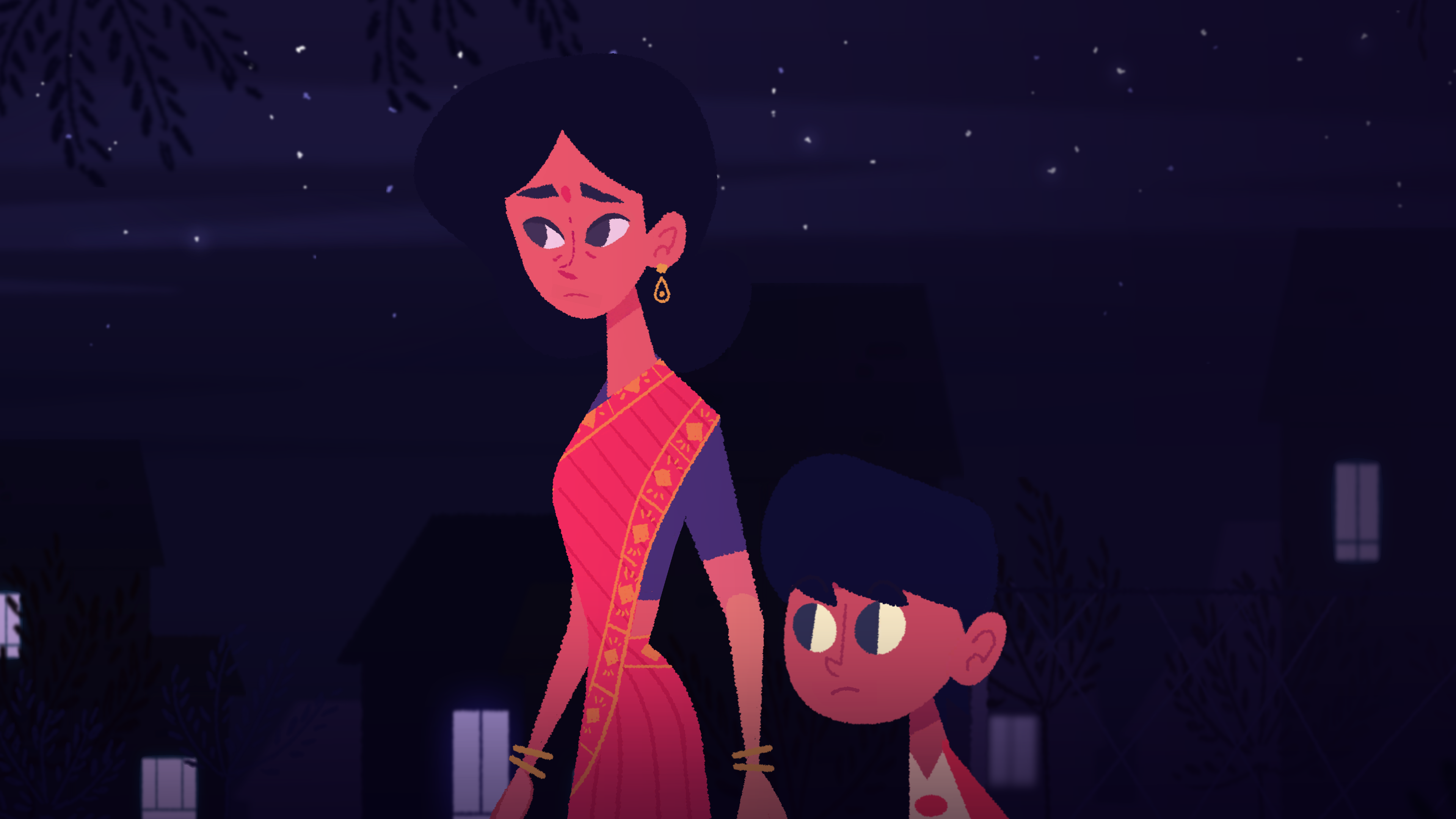 A screenshot from Venba. Venba and her son walk in the night.