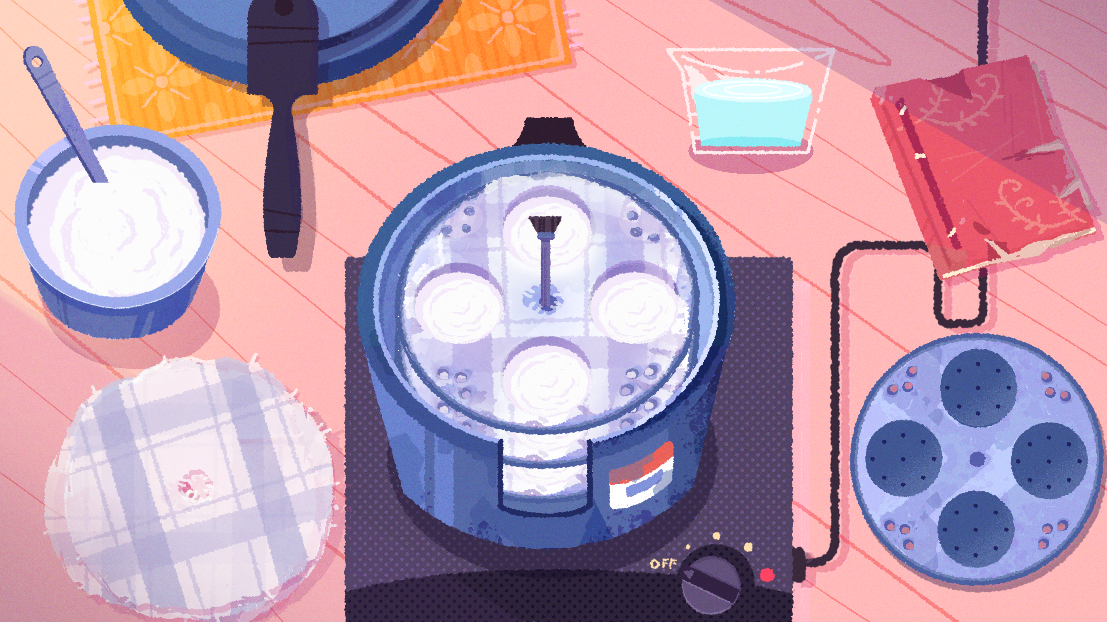 A screenshot from Venba. A special device is being used to cook.