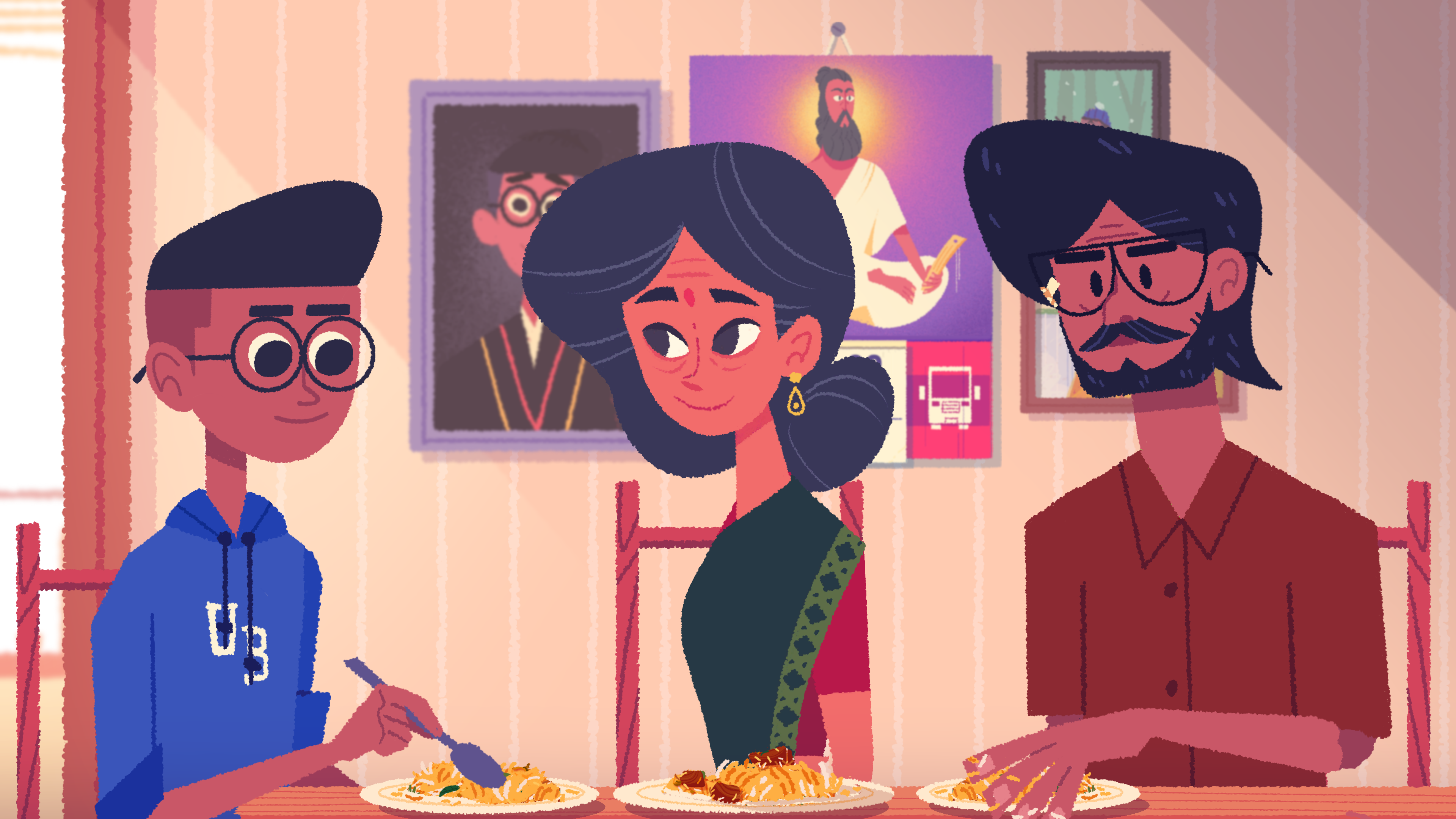 A screenshot from Venba of the three main characters eating dinner.