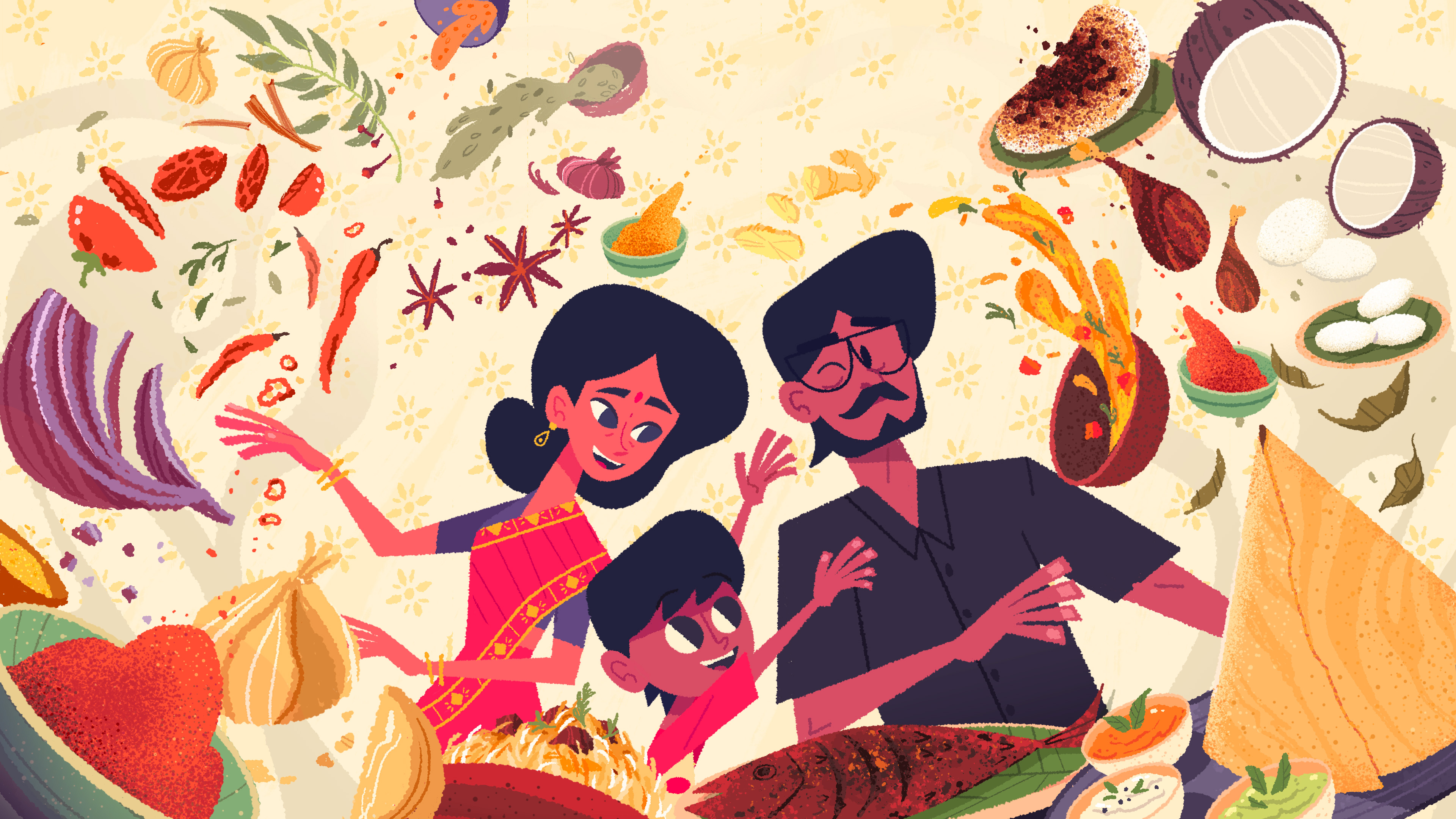 An image from Venba game. The main characters are in the middle as food elements explode around them.